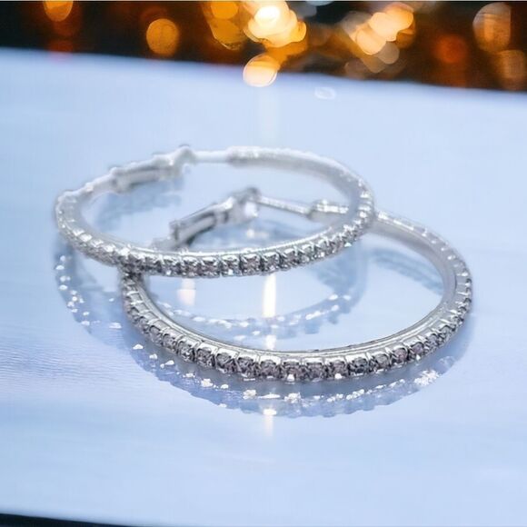 Rhinestone Pave Hoop Earrings Classic Wedding Prom Bridal Bride Jewelry Silver - Picture 1 of 6